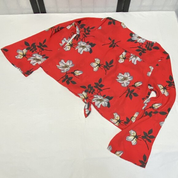 Urban Romantics V Neck Sheer Front Button Crop Tie Waist Bell Sleeve Top Red M - Picture 9 of 11